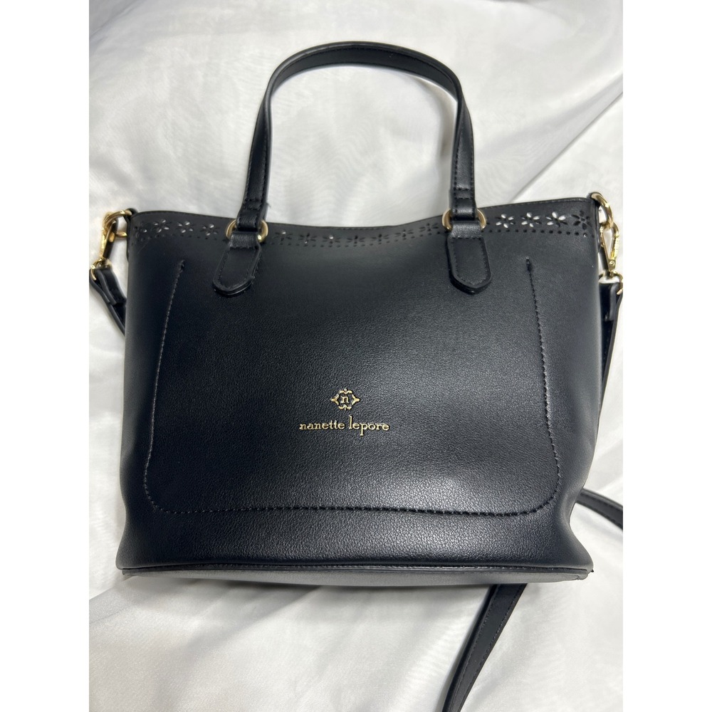 Nanette Lepore‎ Black Faux Leather Floral Cutout Tote Bag Satchel Purse